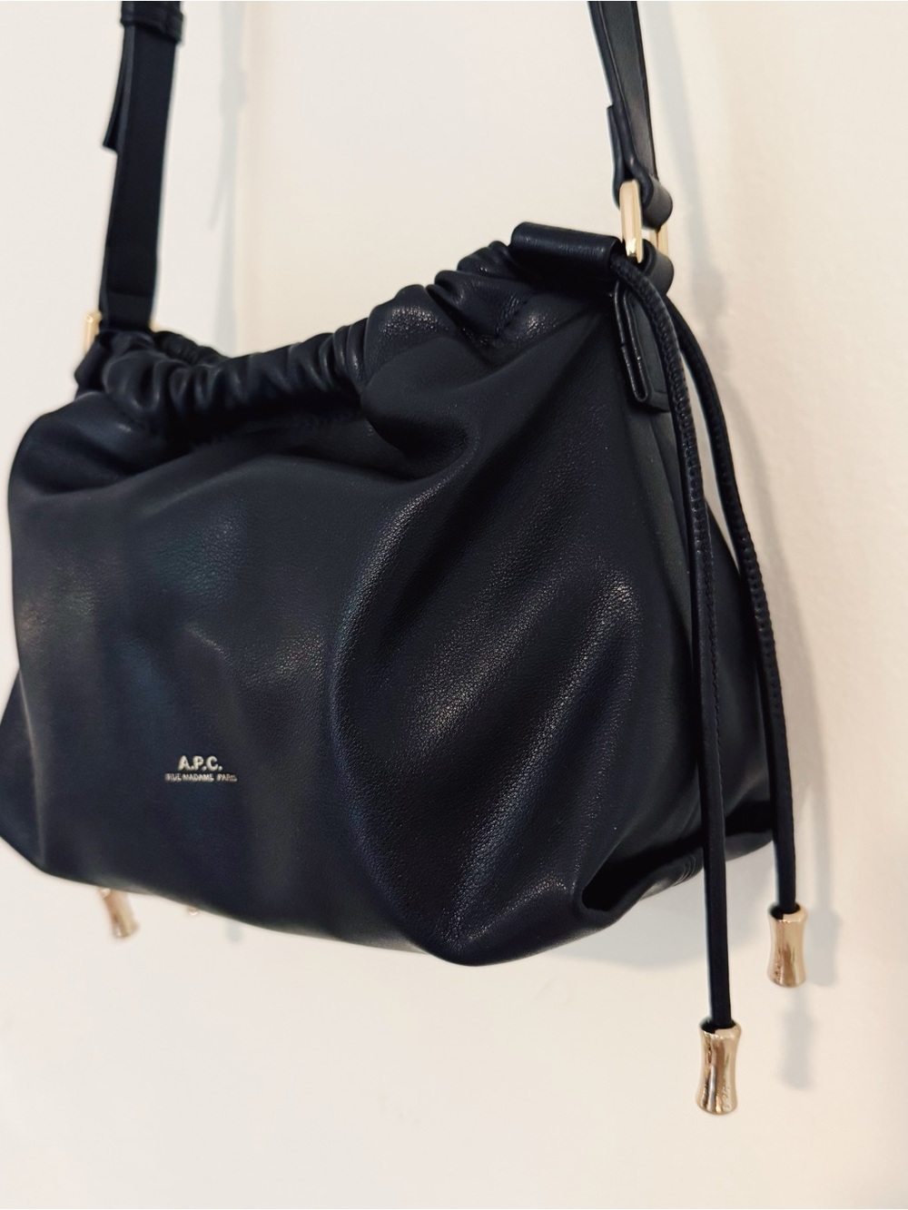 A.P.C. Ninon Crossbody Bag with Gold Hardware. Black Leather Drawstring - Picture 5 of 8